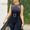 Damen Jumpsuit mit Strass-Schnallendekor, Mesh-Patchwork, plissiert, hohe Taille, ärmellos, reine Farbe, für formelle Anlässe, Party, Abschlussball