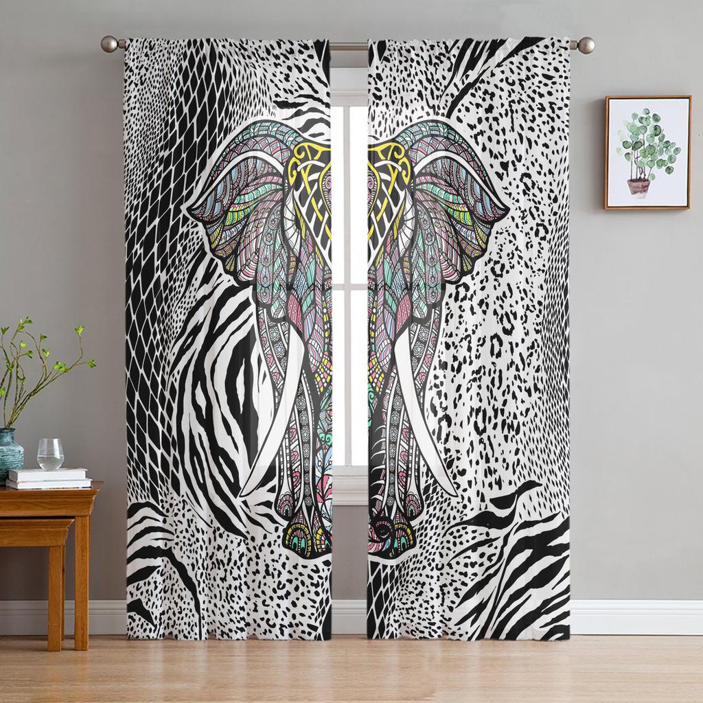 Elephant Art Indian Bobo Style Tulle Window Treatment Sheer Curtains for Kitchen Living Room the Bedroom Curtains Decoration