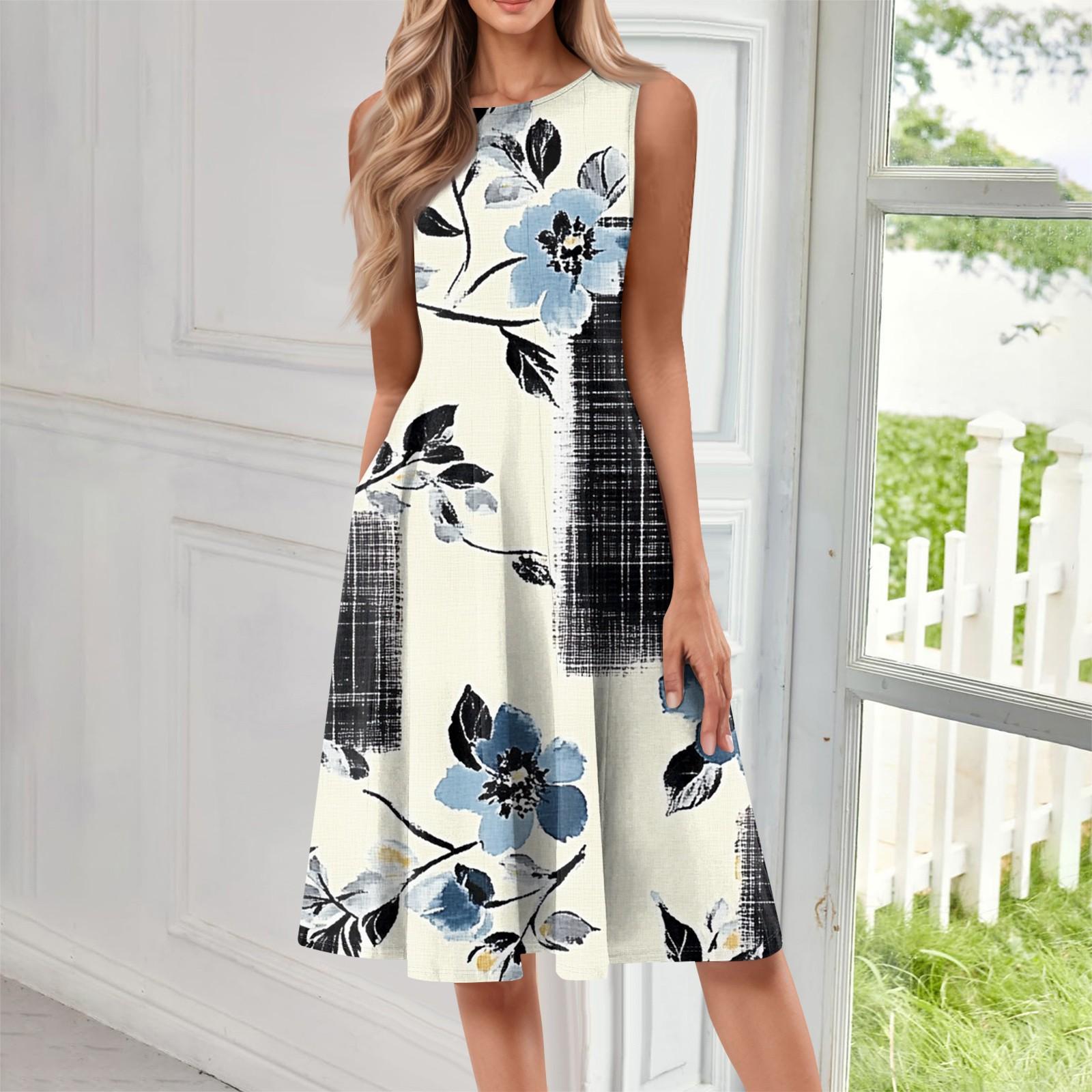 Women s Sleeveless Floral Print A-Line Midi Dress Elegant Summer Casual Dress with Pockets, Light Blue XXL