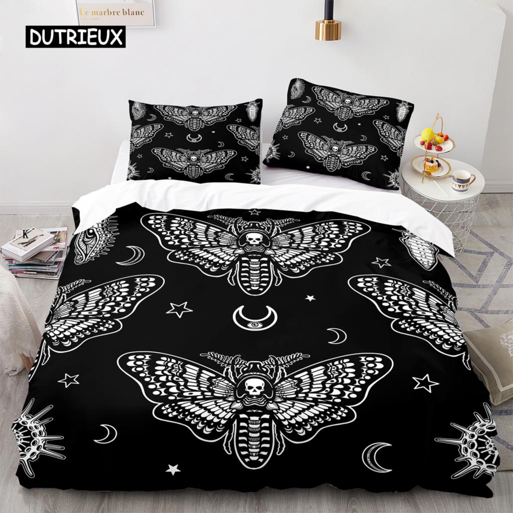 Death Moth Duvet Cover Set Queen Size Gothic Skull Boho Comforter Cover Black and White Skeleton Decorative Soft Bedding Set