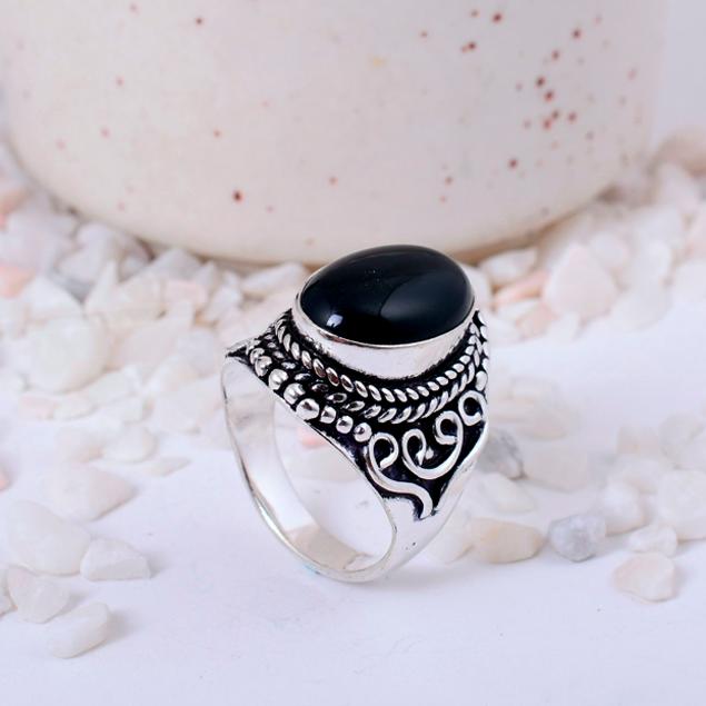 Black Onyx Antique Silver Plated Statement Ring | Boho Filigree Brass Jewelry | Oval Protection Stone Ring