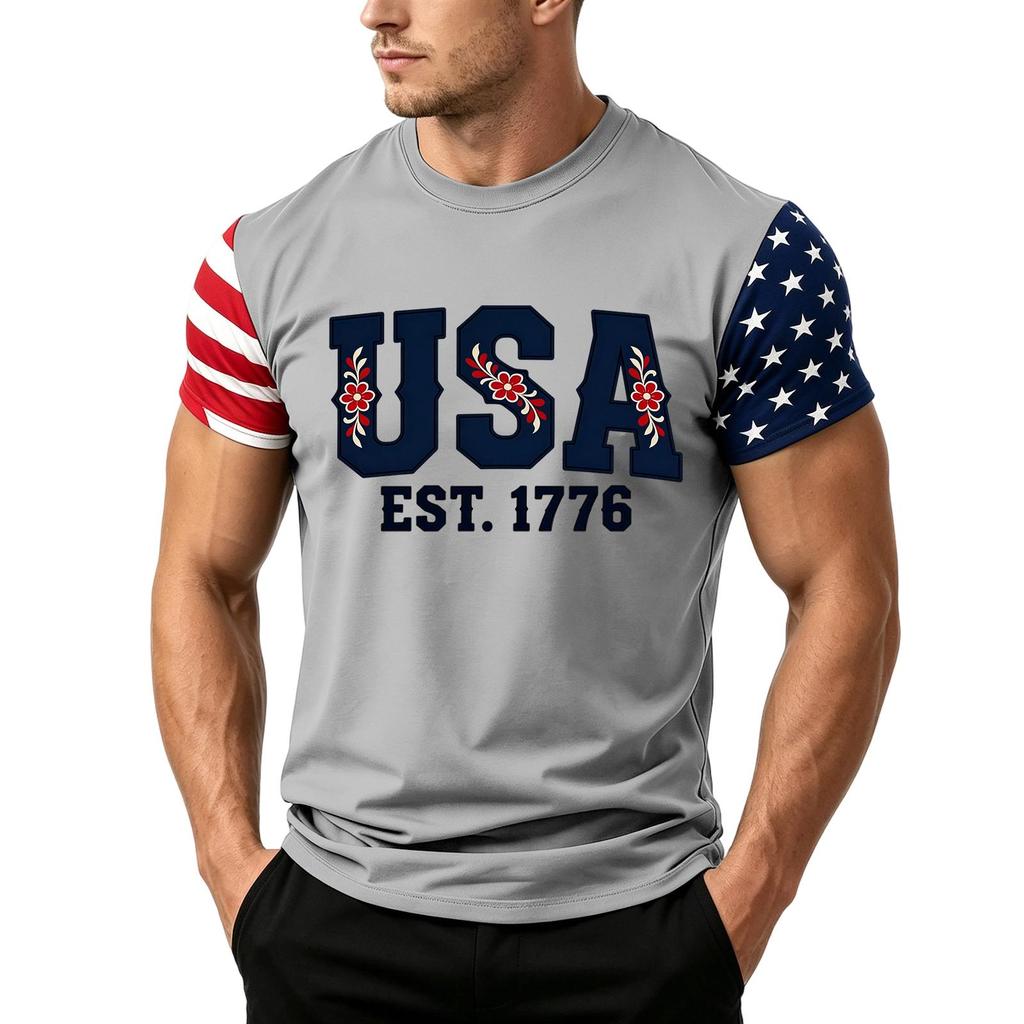 Men's Independence Day Flag Print Short Sleeve T-Shirt, Loose Casual Daily Summer Tops