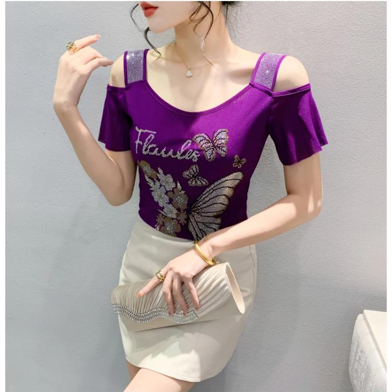 Fashion Women’s Mesh Bling Butterfly T-Shirt Clothes Sexy Off Shoulder Luxury Hot Diamonds Tops Summer Short Sleeve Female Tees Blouse