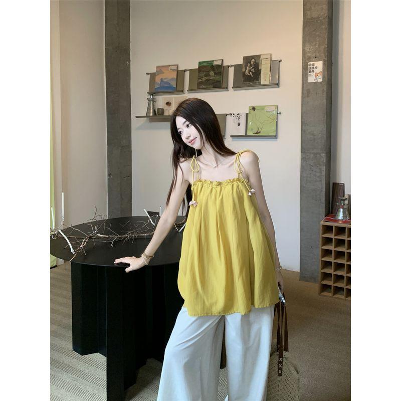 

Kumikumi Sweet Flower Pleat Vest Top Women Summer Loose Slimming Casual Pants Trousers Two-piece Set Top L