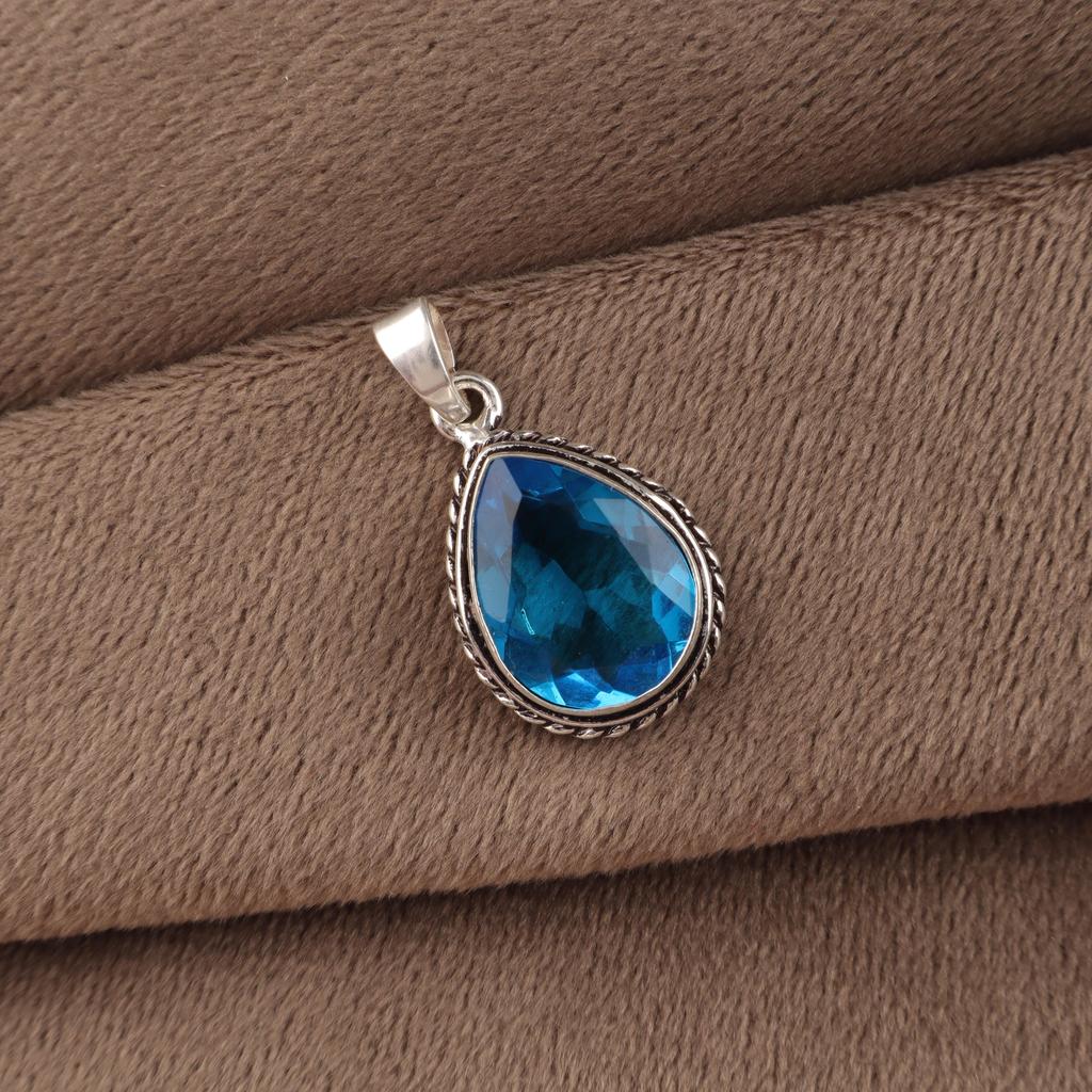 Swiss Blue Topaz Gemstone Dainty Silver Pendant 1.3"Necklace , 925 Sterling Silver Handmade Jewelry APP-3-2