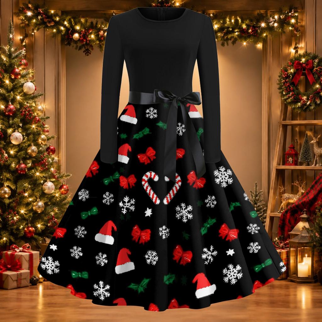 Damen Vintage Christmas Print Rundhals Freizeitkleid