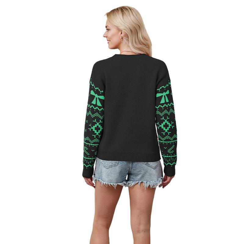 Ladies Autumn Winter Long Sleeve Round Collar Christmas Snowflake Pullover Warm Knitted Sweater Knitwear Top
