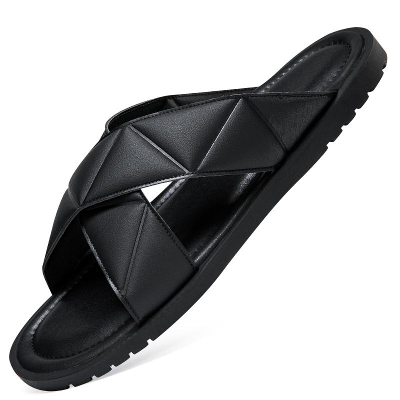 

Мужские сандалии тапочки кожаные люксовый бренд мода новые мужские туфли на плоской подошве повседневные нескользящие пляжные сандалии для отдыха на открытом воздухе мужские полудраги 46 чёрный