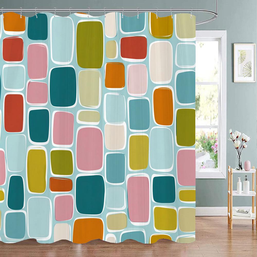 Modern Geometric Pattern Print Shower Curtain, Polyester Shower Curtain Set With Hooks For Bathroom Decorative Shower Curtain