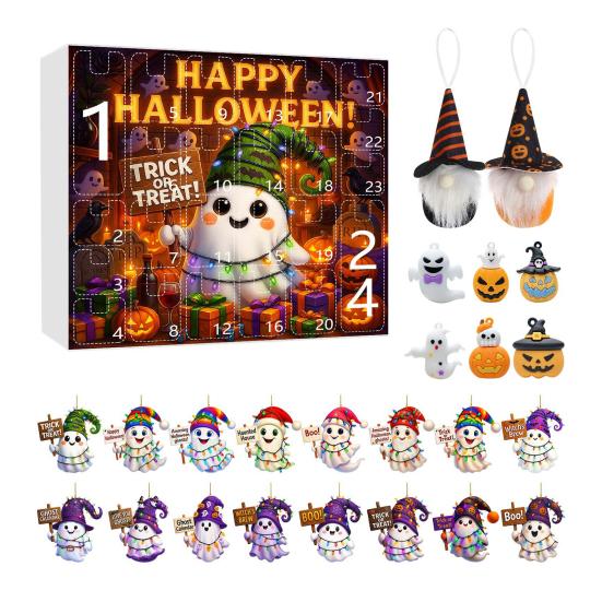 Halloween Advent Calendar 2025 24 Day Countdown Calendar with Acrylic Ghost/Gnome/Pumpkin Ornaments for Indoor Outdoor Home Party Decor