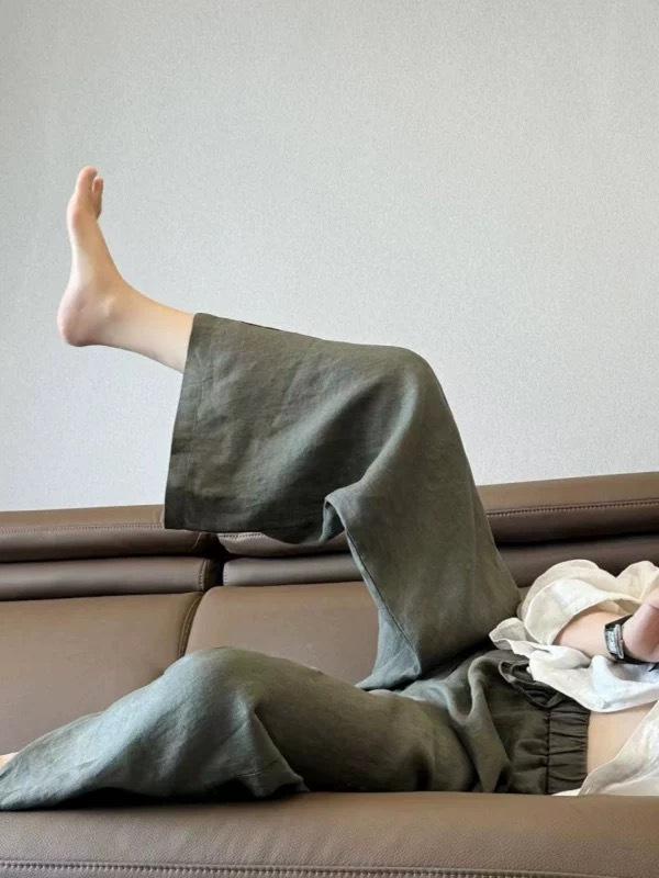 Women s High-Waisted Wide-Leg Linen Pants - Loose, Drapey, Lazy Style, Casual, Thin, Floor-Length, Straight Leg Large