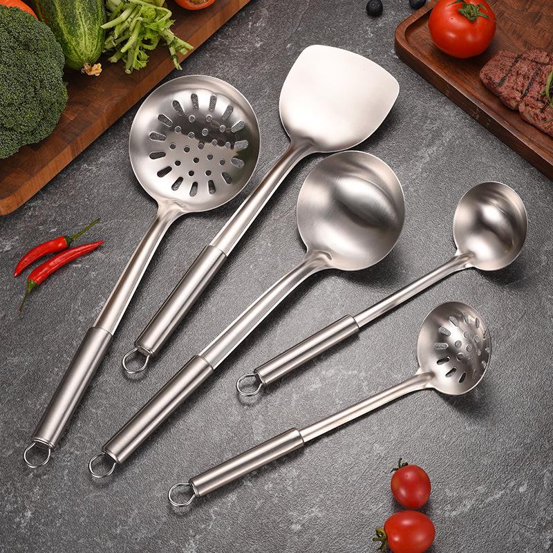 Complete Stainless Steel Kitchenware Set: Spatula, Slotted Spoon, Soup Spoon, Frying Pan Spatula, Rice Spoon, Stir-Fry Spatula