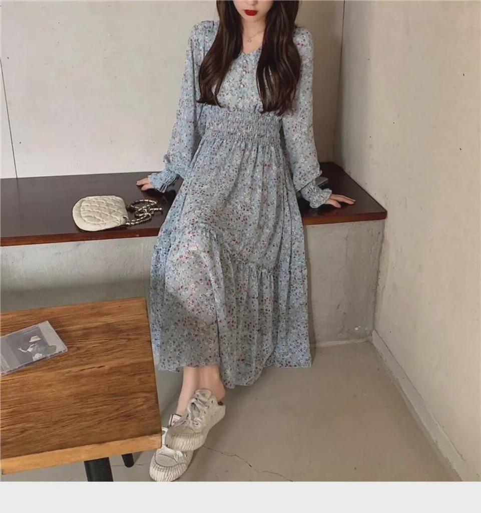 2024 Floral Chiffon V-Neck Dress: High-Waisted, Long-Sleeve, Waist-Cinching Korean Style for Spring and Autumn