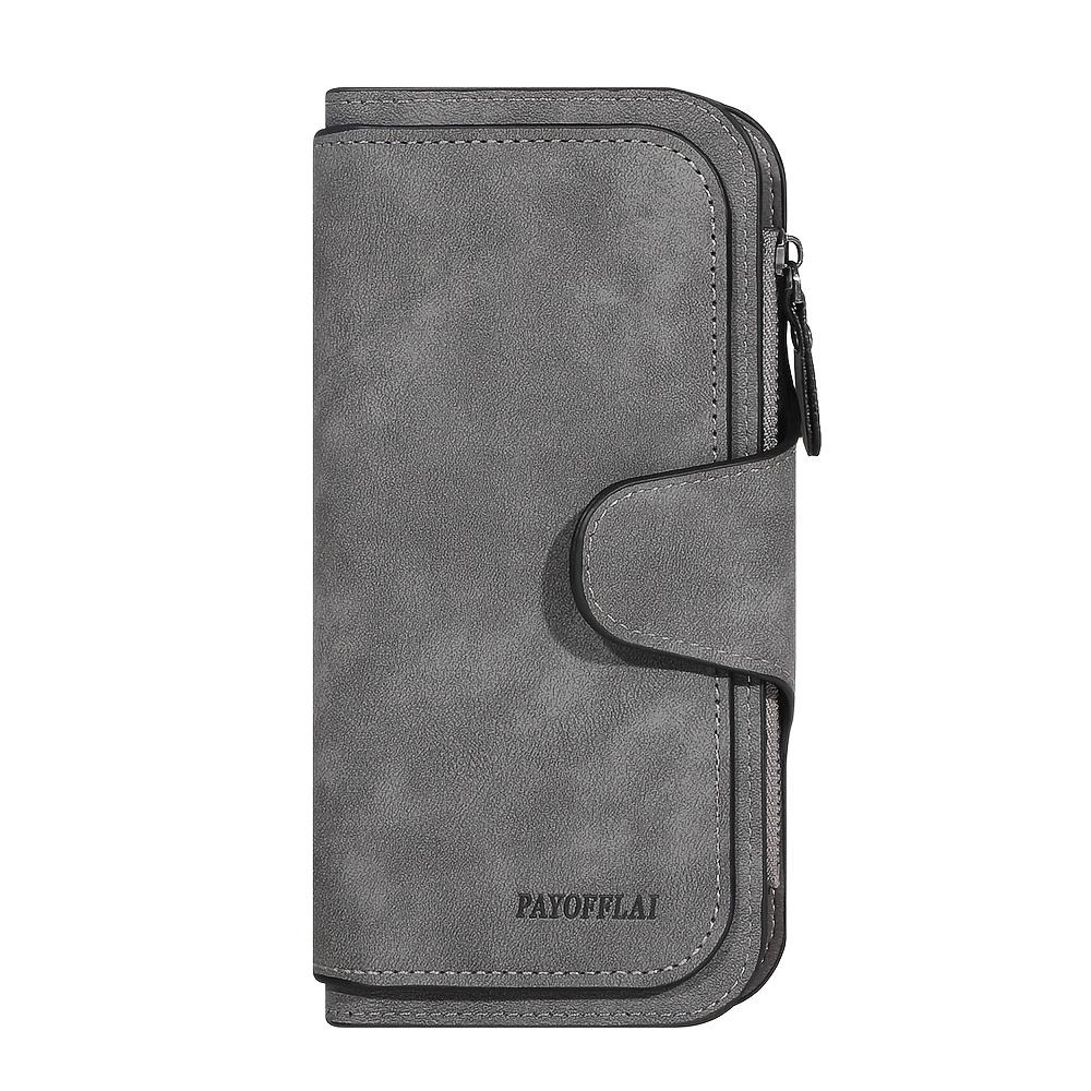 

Современный длинный кошелек для женщин, искусственная кожа, застежка на кнопку, карман на молнии, нейлоновая подкладка, множество отделений для карт, отделка краев серый