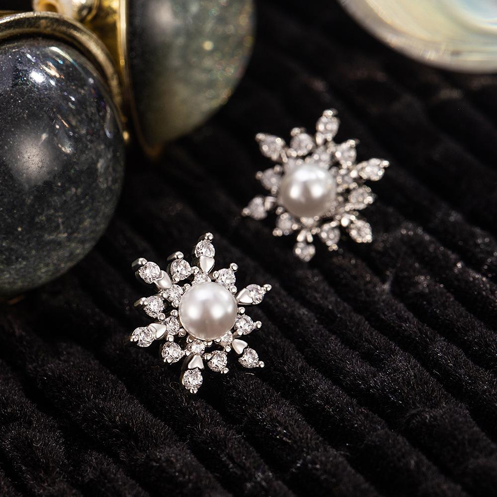 925 Sterling Silver Premium Fashion Snowflake Zircon Pearl Stud Earrings Birthday Party Anniversary Gift