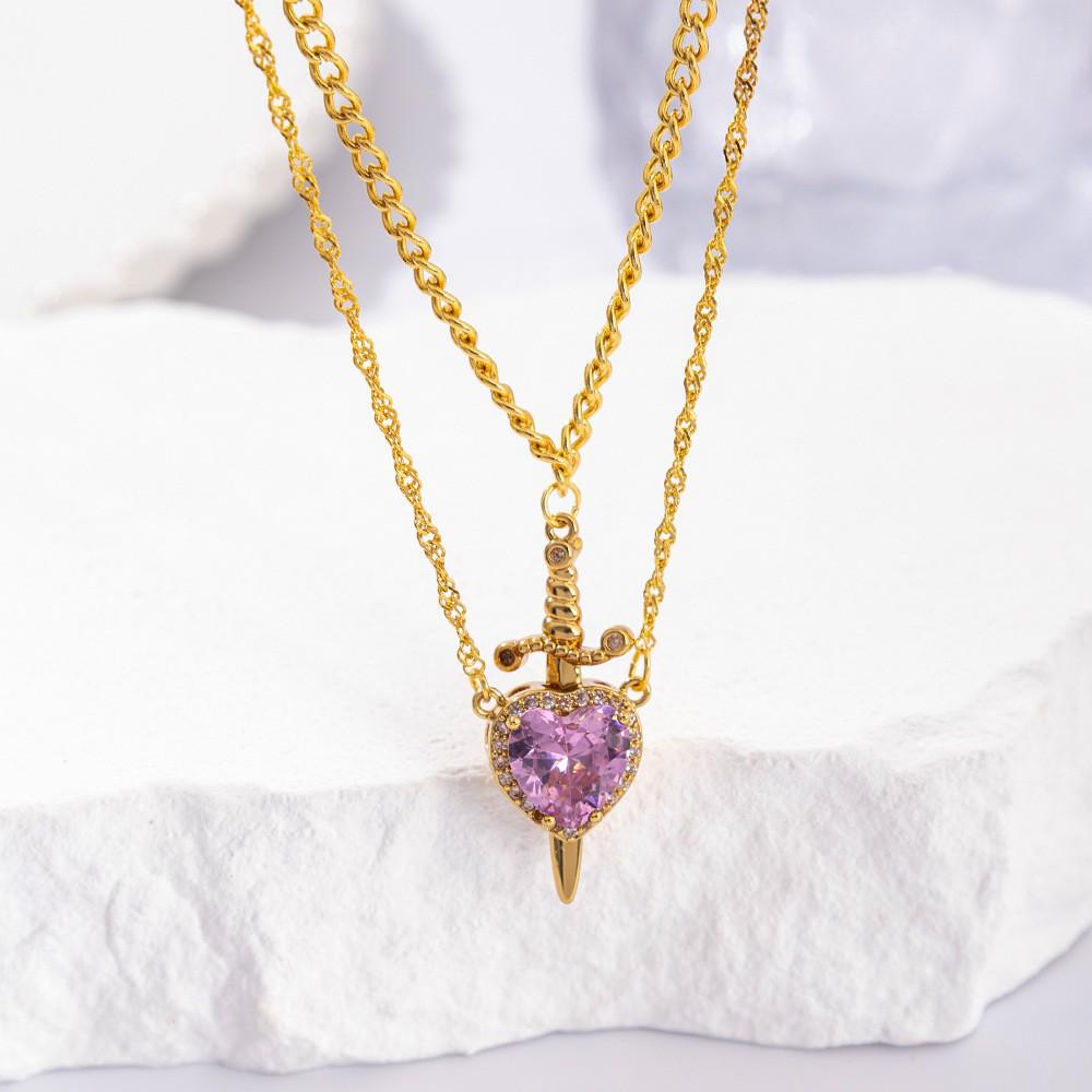 18K Gold Valentine’s Day Red Crystal Heart Dagger Pendant Bracelet Necklace