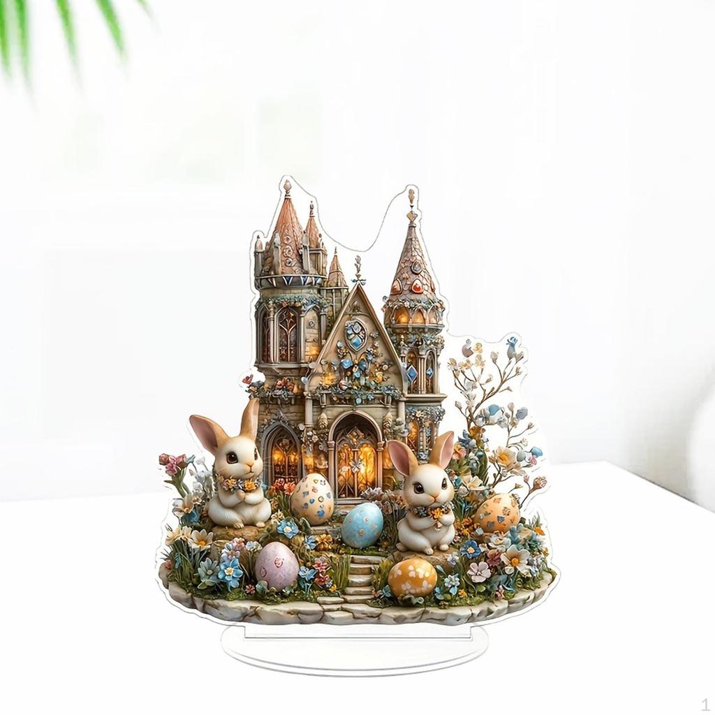 2D Easter Castle Bunny Statue Decor Creative Tabletop Sculpture Acrylic Desktop Figurine for