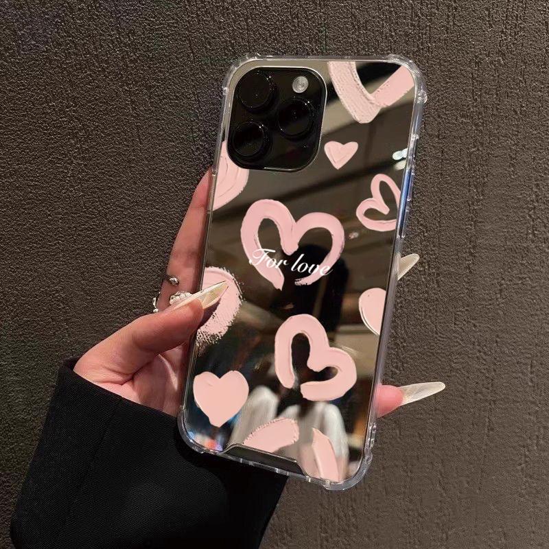 Cute Mirror Face Love Heart Pattern Phone Case For iPhone 16 15 14 13 12 11 Pro Max XS X XR 7 8 Plus Shockproof Girl Back Cover