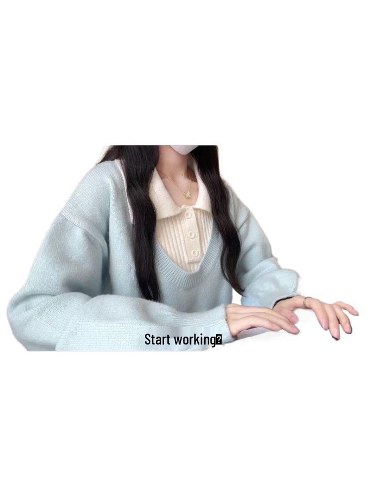 2025 Preppy Korejský Pletený Svetr Polo ze Dvou Kusů