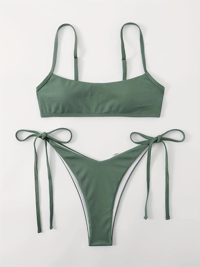 European & American Tie-Up Bikini Set: Sexy Solid Color Ribbed Swimsuit for Women