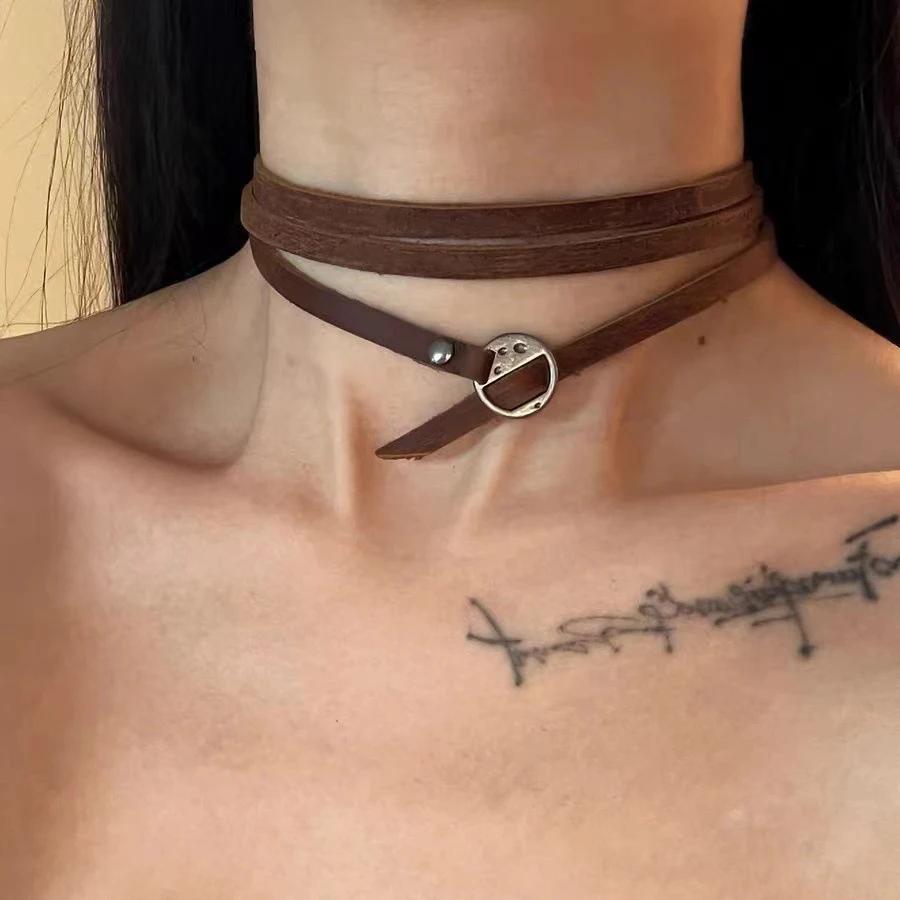 

Maillard Style Brown Artificial Leather Necklace for Women Adjustable Bracelet Multifunctional Choker Waist Chain Trendy Jewelry