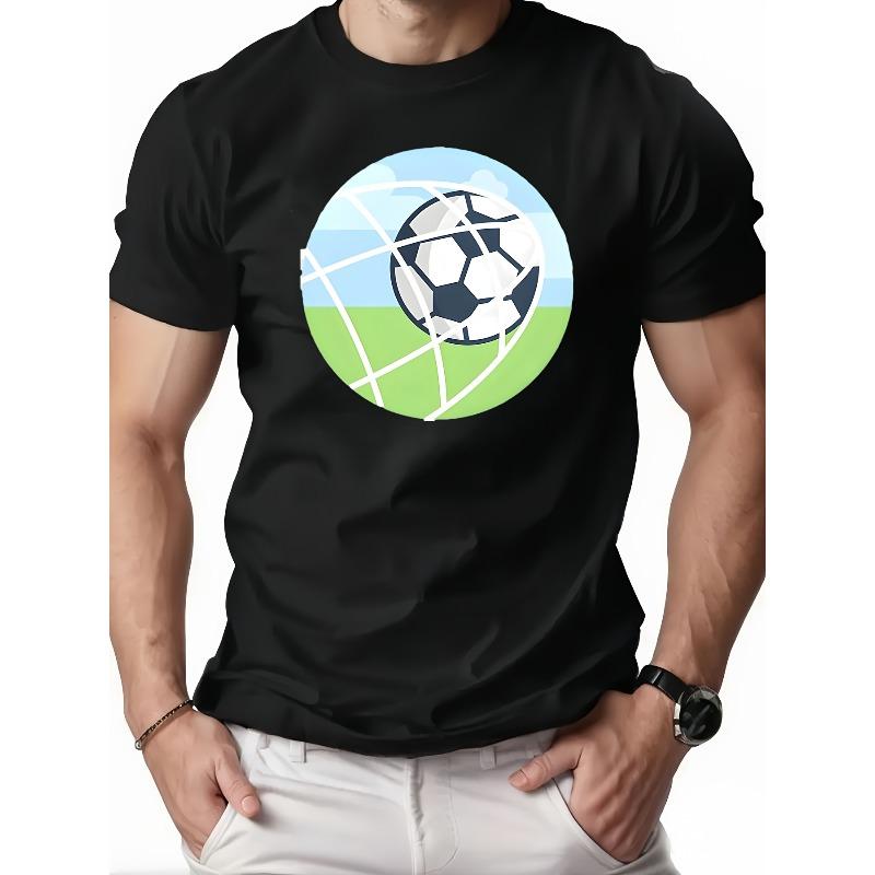 

Men Summer T-Shirt Soccer Ball on Green Field with Net Crew Neck Comfortable And Soft S чёрный