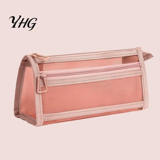 Wear Resistant Stationery Pouch Mesh Pencil Case with Zipper, Double Layer Large Capacity Compact Makeup Brush Holder Organizer, Transparent