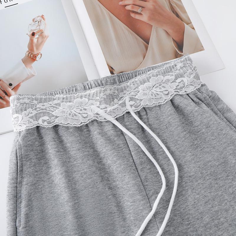 Gray Lace-Trimmed High-Waist Straight Leg Sweatpants for Women - Spring 2025 Collection