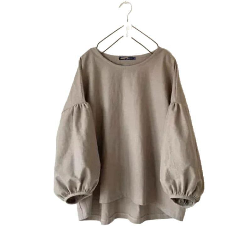 Women's 2025 Spring/Autumn Casual Round Neck Long Sleeve Solid Color Retro Loose Shirt