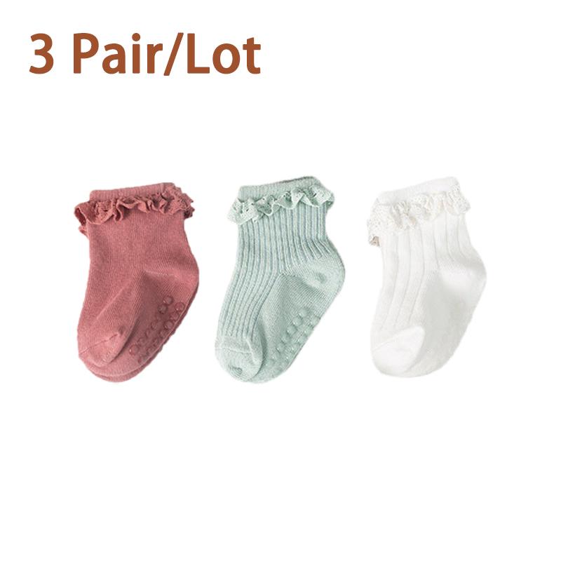 3/5 Paar/Los Neue Baby Kinder Rutschfeste Herbst Winter Baumwollsocken Einfarbig Baby Fußsocken Mädchen Atmungsaktive Rüschensocken