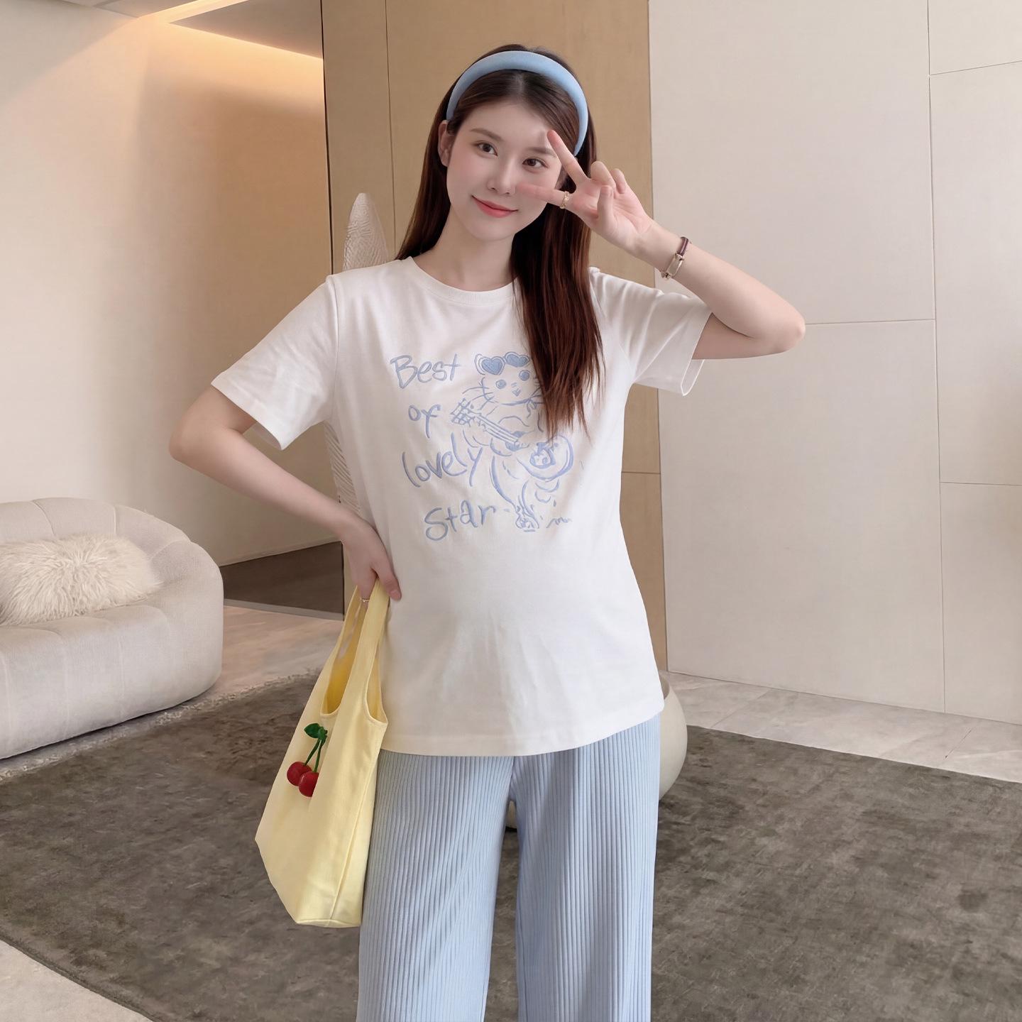 

Korean Style Maternity Cat Print Cotton T-Shirt - Summer Casual Sportswear, Short Sleeve, White XL [135-150 jin]