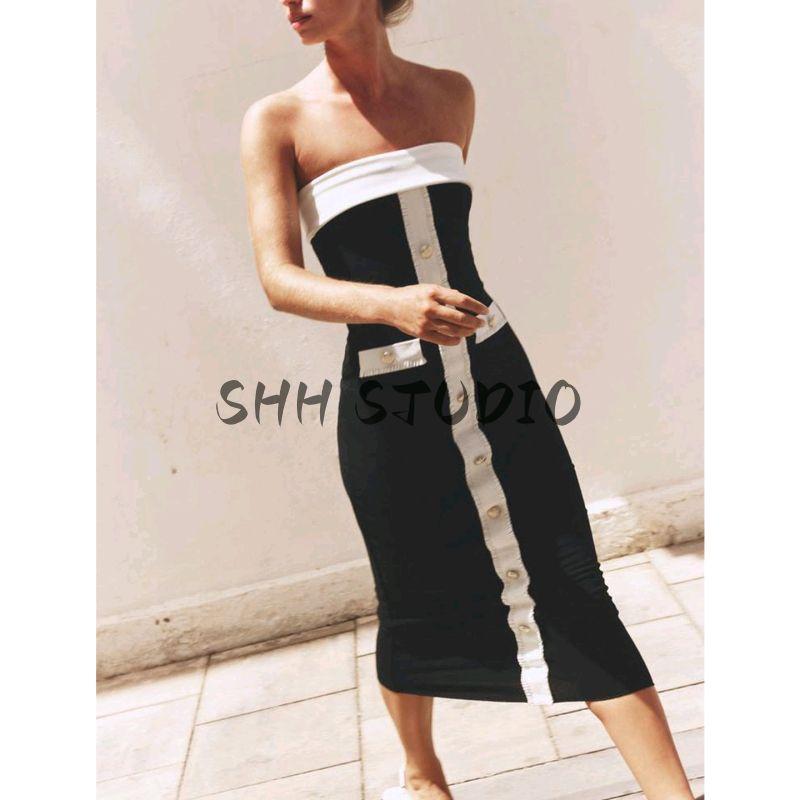 Autumn New Women's Clothing Classic Style Contrast Color Shaping Stretch Tube Top Straight-leg off-Shoulder Dress 5584126