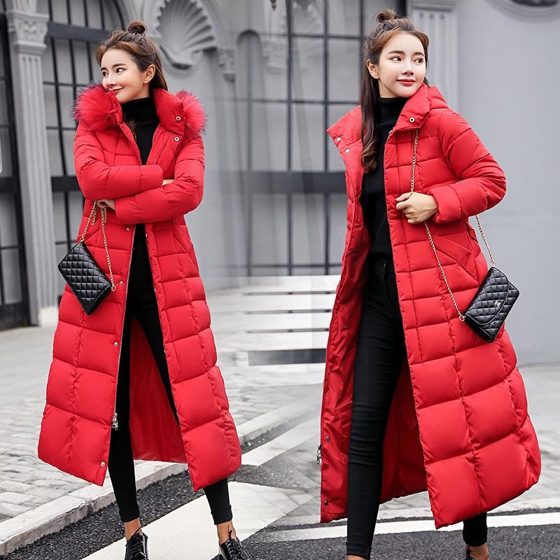 Luxurious Women Full Length Parka Jacket Down Cotton Puffer Coat Fur Long Hooded Winter