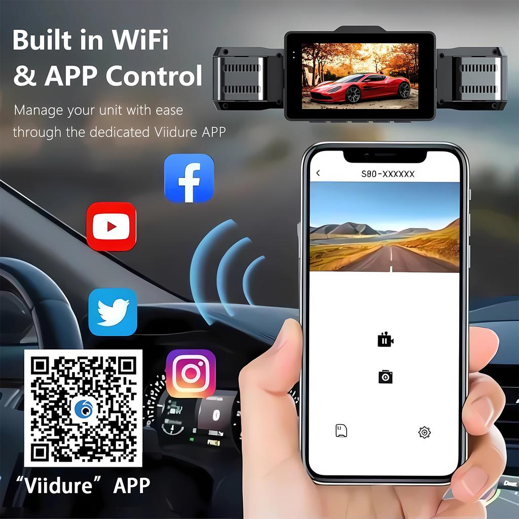 1080P Quad Dash Cam, 4-Channel 4-Screen Display, WiFi, Phone Sync, Rear View, Night Vision, Wide Angle