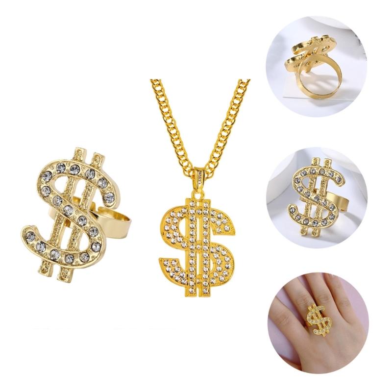 2-teiliges Hip-Hop Schmuckset Dollarzeichen Anhänger Halskette und Fingerringe 80er/90er Outfits Coole Rapper Accessoires Unisex