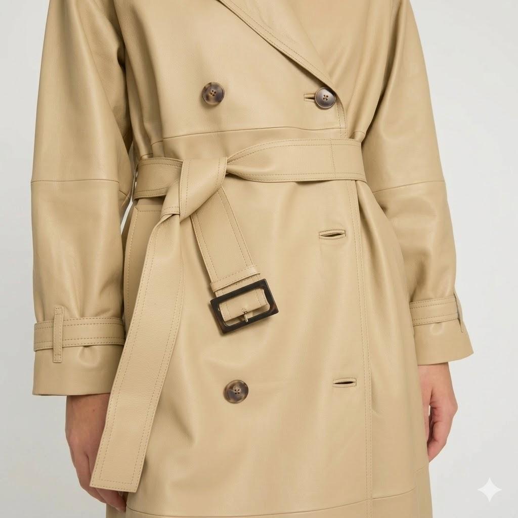 Designer Fit Handmade Trench Coat Women's Stylish Beige Genuine Lambskin Leather
