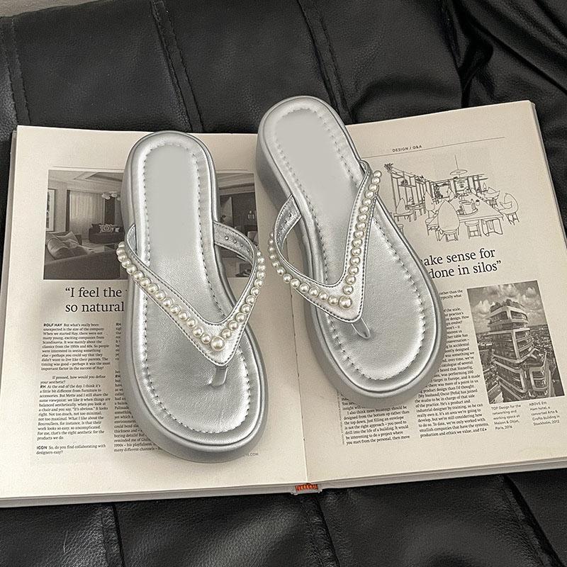 Comemore Summer Leisure New Pearl Slippers Outside Wear Thick Bottom Beach Girls Flip-flops Wedges High Heeled Slides for Women
