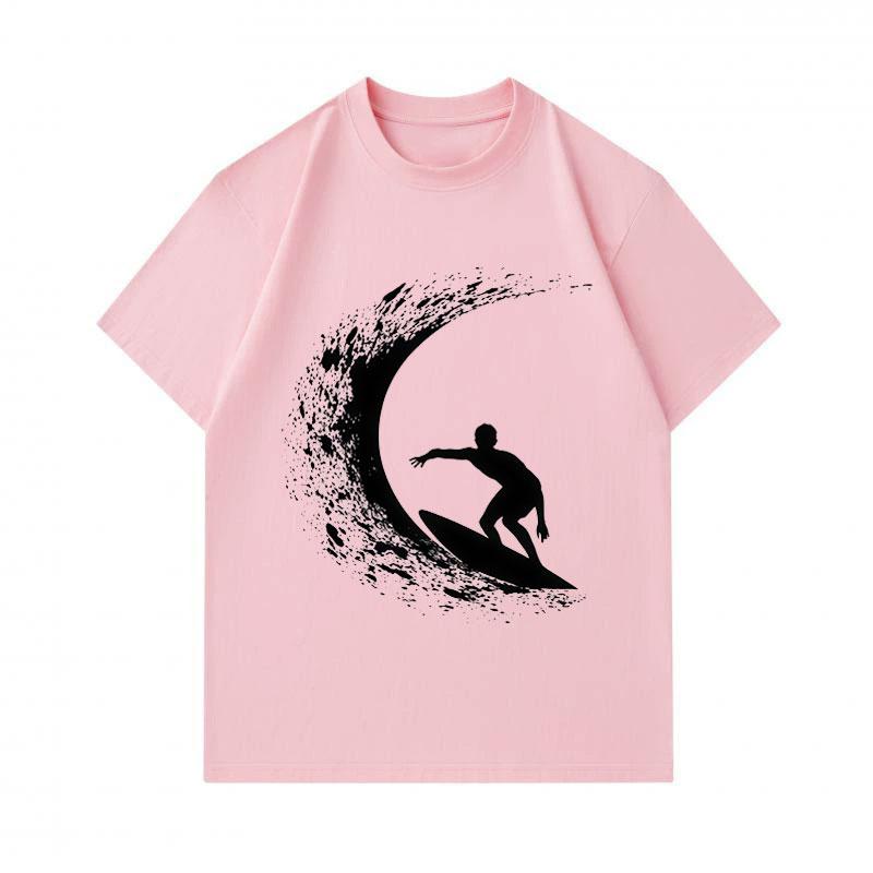 Men's 100% Cotton Crew Neck Short Sleeve T-Shirt, Surfing Silhouette Wave Graphic Print Casual Summer Breathable Soft Tee for Daily Outdoor Surf Sport