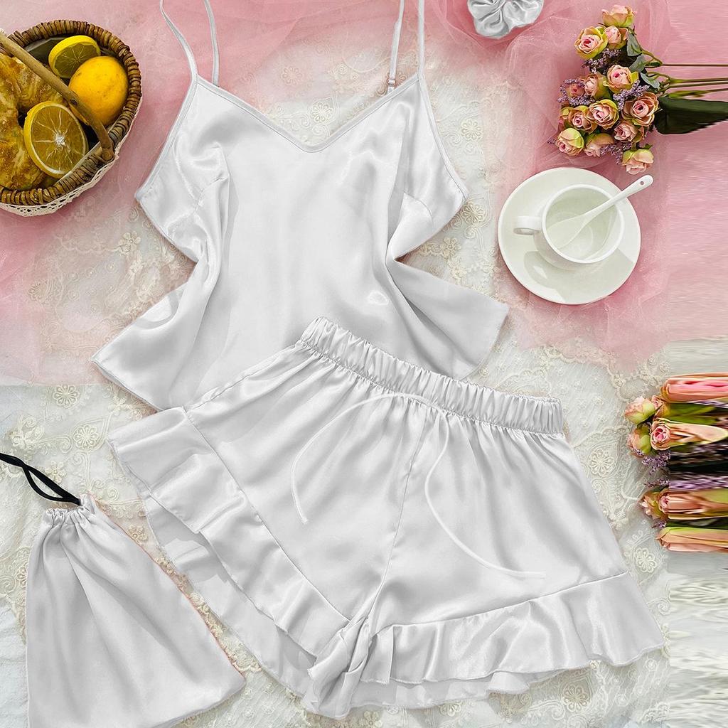 Women's Casual Ice Silk Three-Piece Set: Backless Camisole & Shorts Pajamas