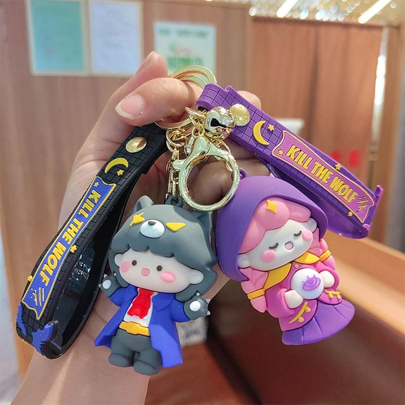 Adorable Cartoon Silicone Keychain Trinket Cute Cat Wolf Keyring For Gifting