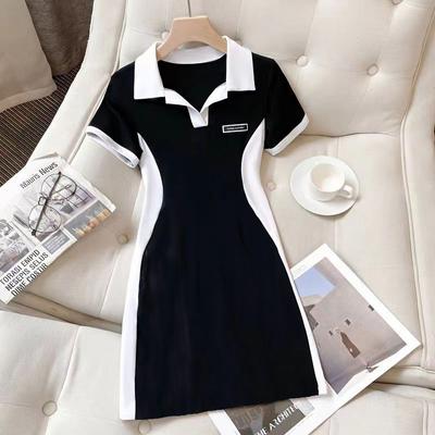 Women Slim Bodycon Mini Dress, Black White Contrast Color Block Polo V Collar Short Sleeve Label Decor Casual Sporty T-shirt Dress