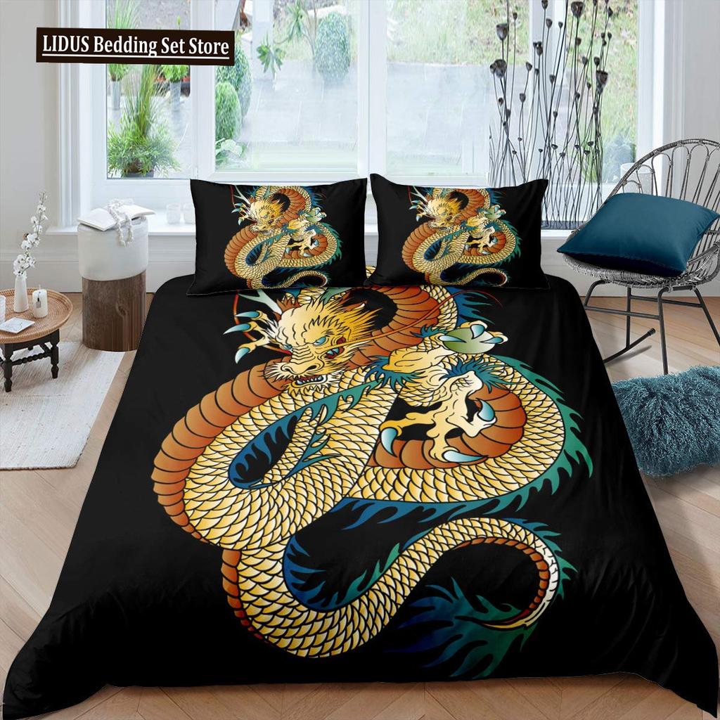 Red Base Black Dragon Print Duvet Cover Set Chinese Dragon Pattern Bedding Sets Full Size Microfiber 2/3 Pieces Comforter Sets