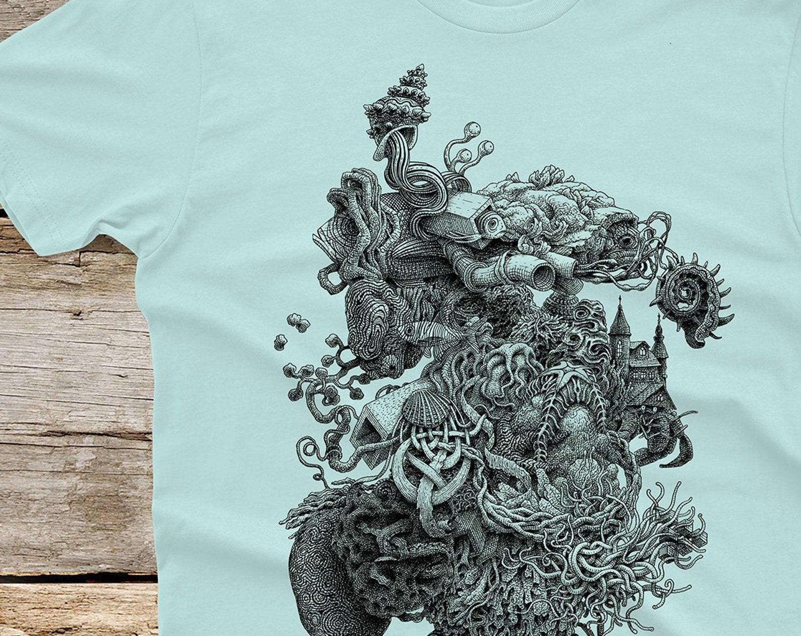 Surreal Tide Pool T-Shirt: Hand Screen Printed Ocean Art on Men s Graphic Tee, Weird Shirt, Unique Line Drawing Clothing L