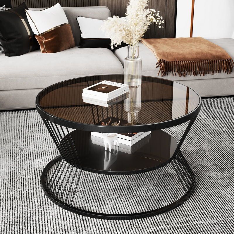 Tempered Glass Coffee Table Round Living Room Center Tables Modern Luxury Storage Coffee Tables Minimalist End Table Furniture