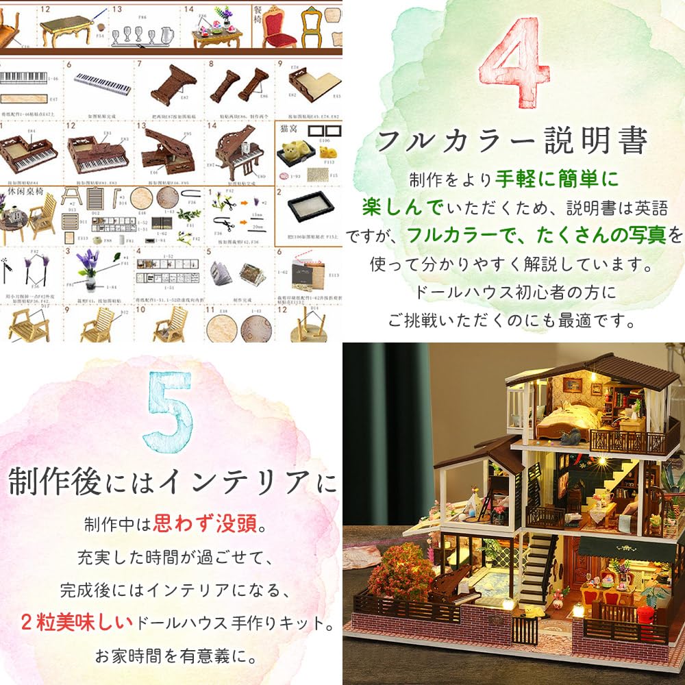 Moin Moin Dollhouse Miniature DIY Kit Set Luxury Retro X Modern LED Light Acrylic Case Music Box Cat Figure [English Instructions] Cottage, Mansion,