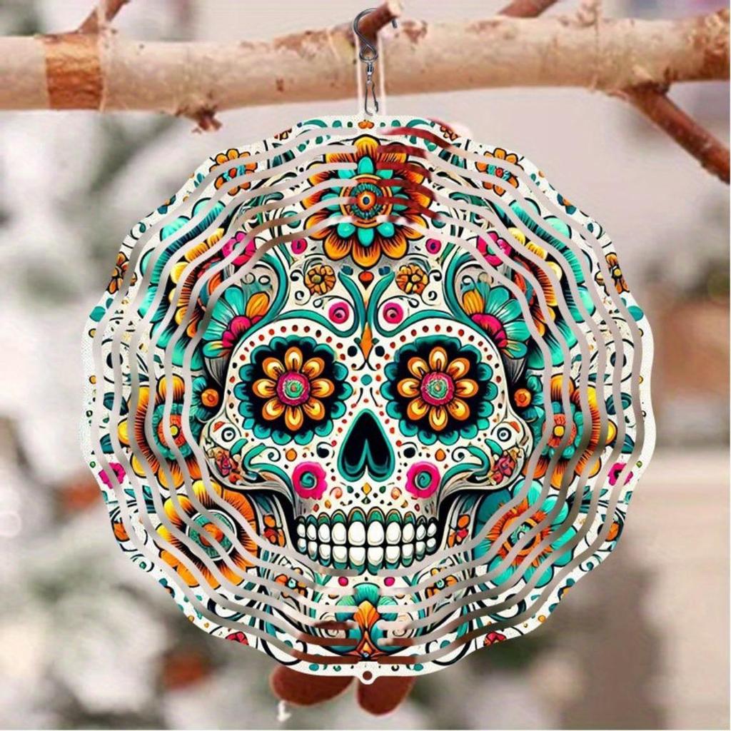 Wind Spinner 2D Metal Garden Patio Decoration Kaleidoscope Skull Design Outdoor Hanging Ornament for Thanksgiving Christmas Holiday Decor