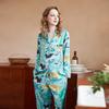 Womens Lightweight Silk-Feel Pajama Set With Floral Print Long Sleeve Top Pants Home Wear Or Casual Outdoors