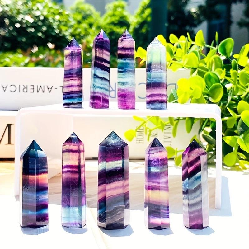 Natural Seven-Color Fluorite Hexagonal Crystal Pillars - Polished Raw Stone Handicrafts