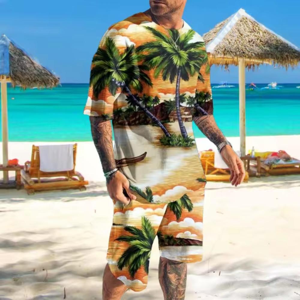 Summer Men's Sportswear Coconut Tree 3D Printed T-shirt Hawaiian Beach Shorts Set Fashionable StreetwearOversized Casual Wear Men's Clothing