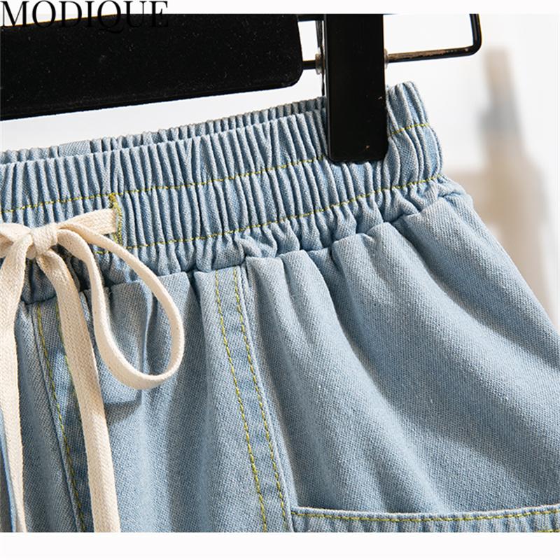 MODIQUE Été Femmes Grandes Tailles Ample Basiques Élastique Cordon de Serrage A-Ligne Jambe Large Short en Denim Féminin Décontracté Bleu Foncé Short